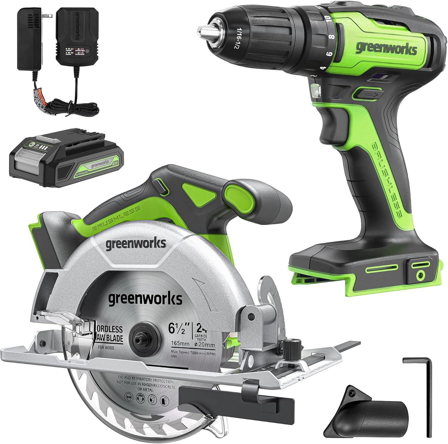 BATTERY PACKS, BRAND, CATEGORY, GREENWORKS, Greenworks 24V 7pcs Combo Kit w/2.0Ah & 4.0Ah USB Batteries & (2) Chargers. 800in/lb Drill, Impact Driver, Multi-tool, Reciprocating Saw, Circular, Brad Nailer and Flashlight