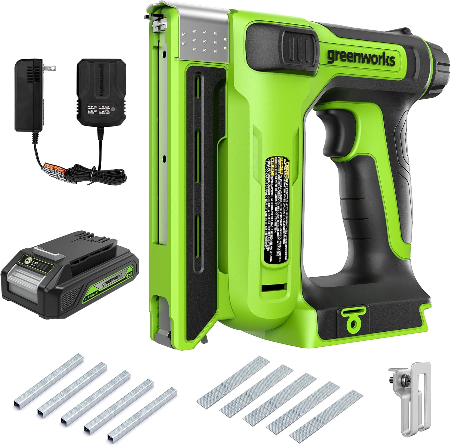 BRAND, CATEGORY, GREENWORKS, STAPLERS & TACKERS, Greenworks 24V Cordless 2 in 1 Staple Gun Nail Gun, 3/8 in. Crown T50 Stapler with 2Ah Battery and Charger