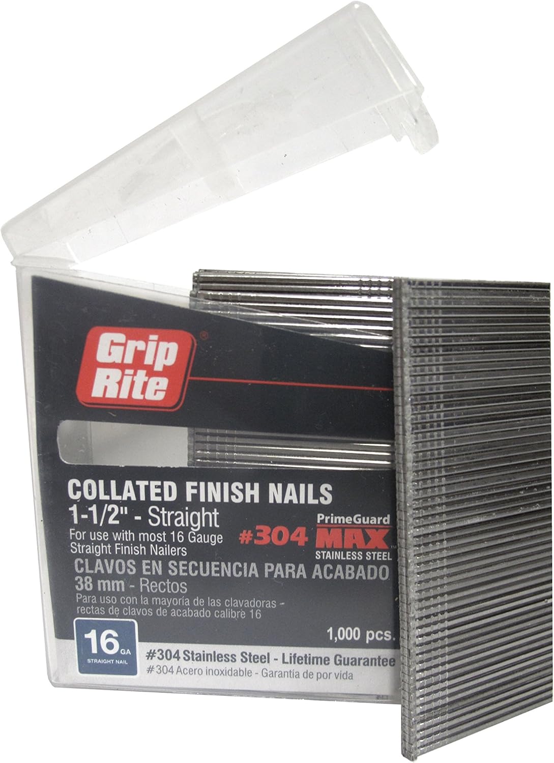 BRAND, CATEGORY, FINISH NAILS, GRIP-RITE, Grip Rite Prime Guard MAXB64872 16-Gauge 304-Stainless Steel Straight Finish Nails in Belt Clip Box (Pack of 1000), 1-1/2"