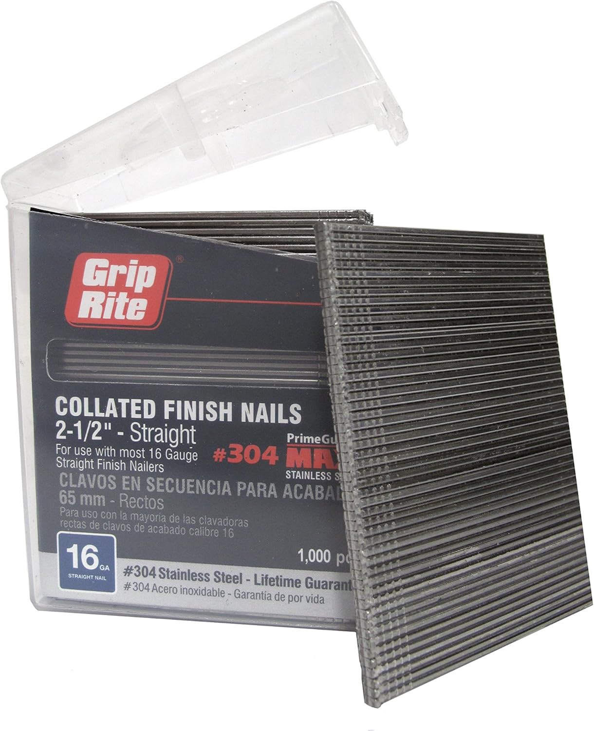 BRAND, CATEGORY, FINISH NAILS, GRIP-RITE, Grip Rite Prime Guard MAXB64874 16-Gauge 304-Stainless Steel Straight Finish Nails in Belt Clip Box (Pack of 1000), 2-1/2"