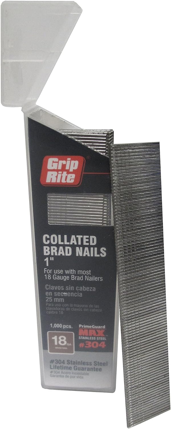 BRAD NAILS, BRAND, CATEGORY, GRIP-RITE, Grip Rite Prime Guard MAXB64875 18-Gauge 304-Stainless Steel Brad Nails in Belt-Clip Box (Pack of 1000), 1"