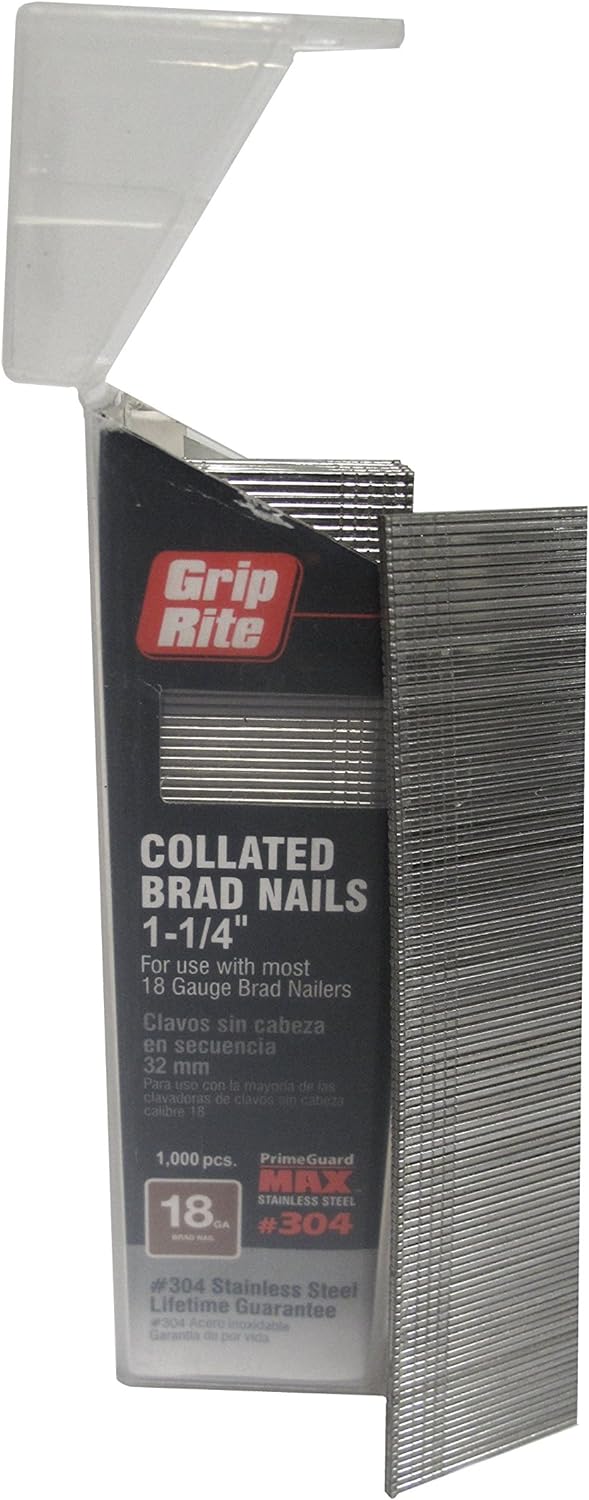 BRAD NAILS, BRAND, CATEGORY, GRIP-RITE, Grip Rite Prime Guard MAXB64876 18-Gauge 304-Stainless Steel Brad Nails in Belt-Clip Box (Pack of 1000), 1-1/4"