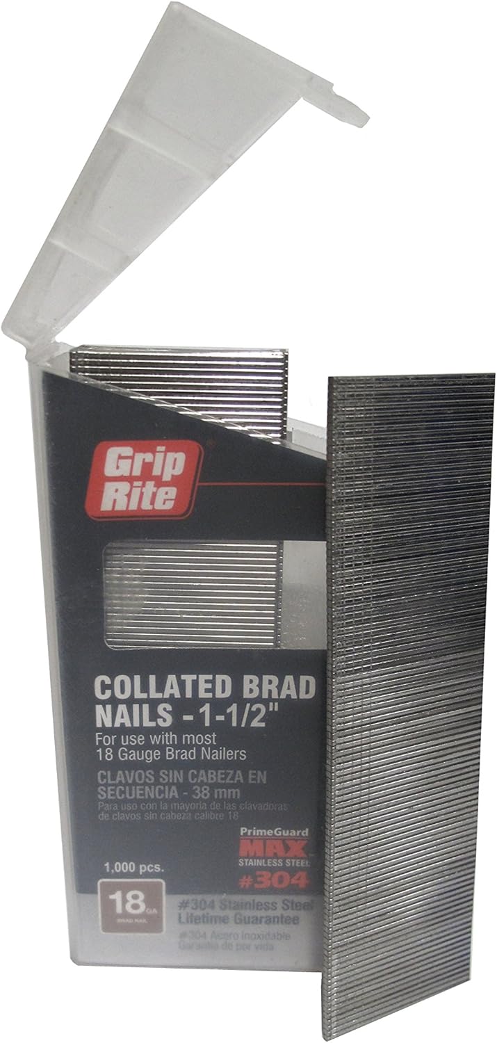 BRAD NAILS, BRAND, CATEGORY, GRIP-RITE, Grip Rite Prime Guard MAXB64877 18-Gauge 304-Stainless Steel Brad Nails in Belt-Clip Box (Pack of 1000), 1-1/2"