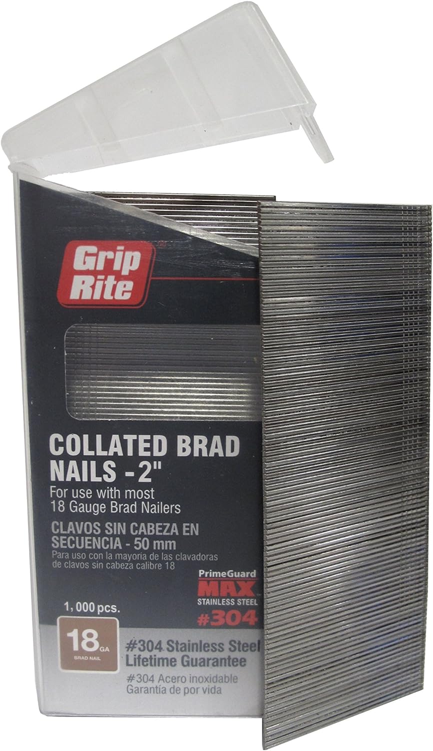 BRAD NAILS, BRAND, CATEGORY, GRIP-RITE, Grip Rite Prime Guard MAXB64878 18-Gauge 304-Stainless Steel Brad Nails in Belt-Clip Box (Pack of 1000), 2"