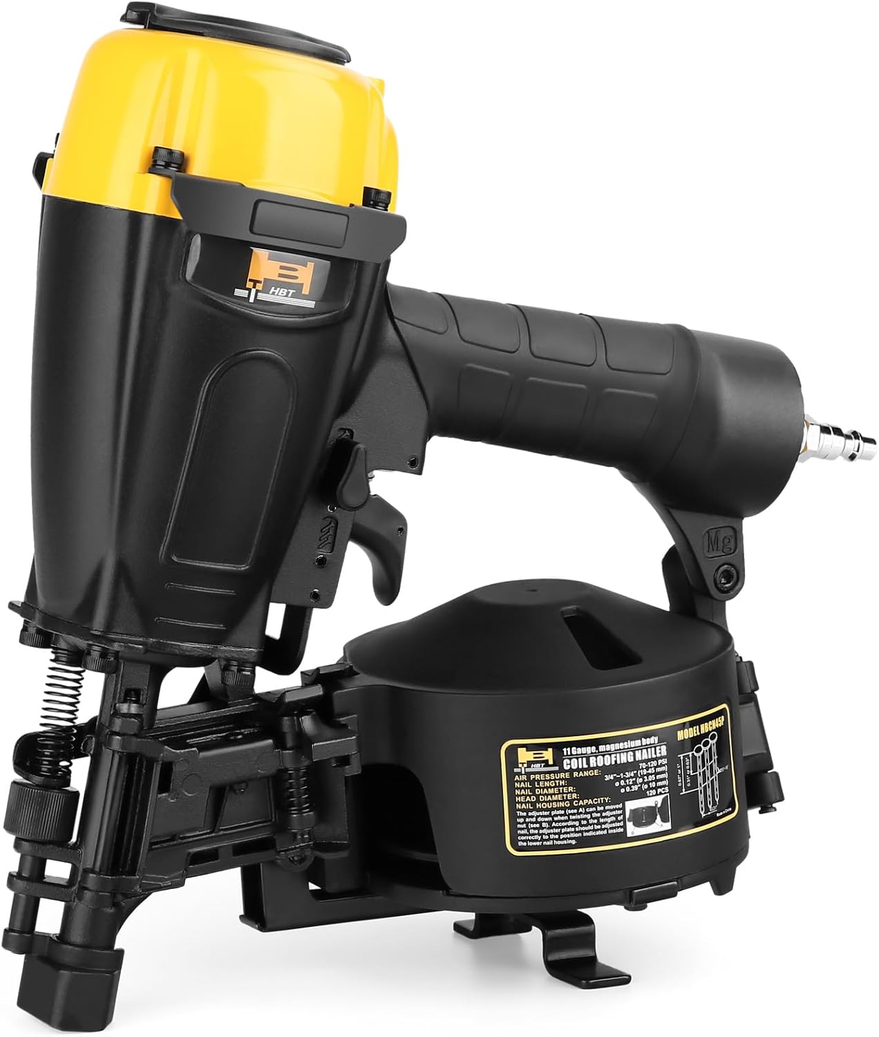 BRAND, CATEGORY, HBT, ROOFING NAILERS, HBT HBCN45P 7/8" to 1-3/4" Coil Roofing Nailer with Magnesium Housing 11 GA Roofing Nail Gun