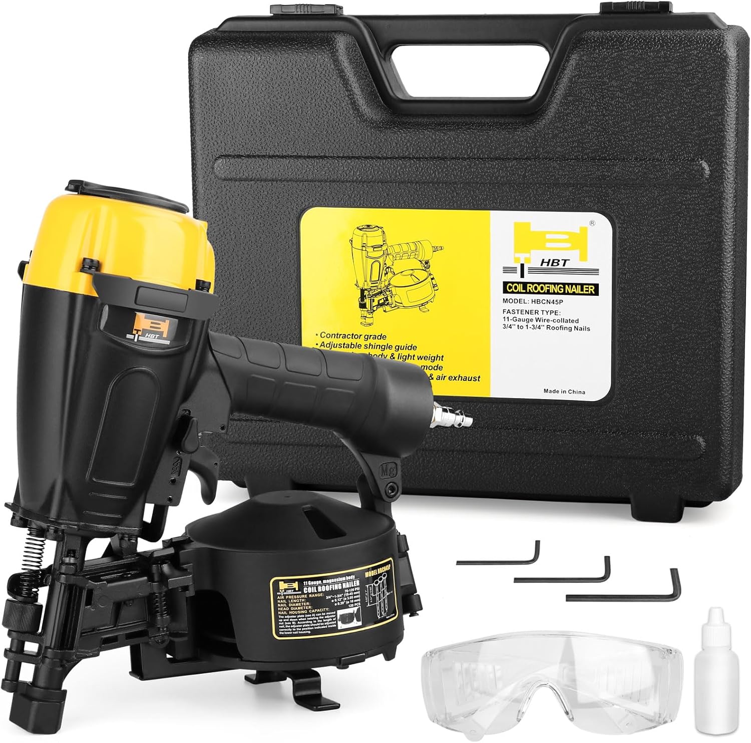 BRAND, CATEGORY, HBT, ROOFING NAILERS, HBT HBCN45P 7/8" to 1-3/4" Coil Roofing Nailer with Magnesium Housing 11 GA Roofing Nail Gun