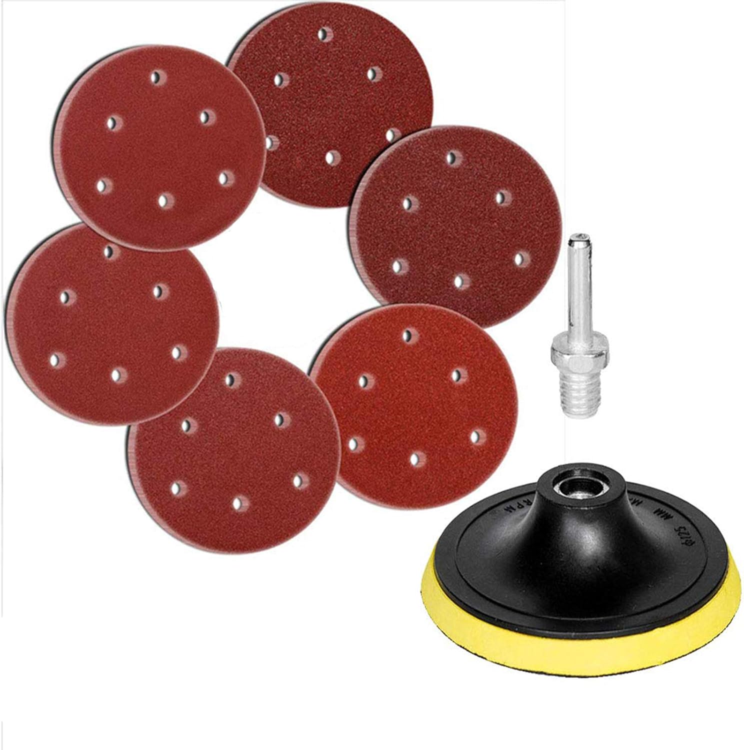 BRAND, CATEGORY, HIFROM, HOOK & LOOP DISCS, HIFROM 5-Inch/125mm Hook and Loop Backing Pad M14 Drill Adapter, 5 Inch 6 Holes 40 60 80 120 180 240 Grit Sandpaper Replacement for Random Orbital Sander Grinder Pads