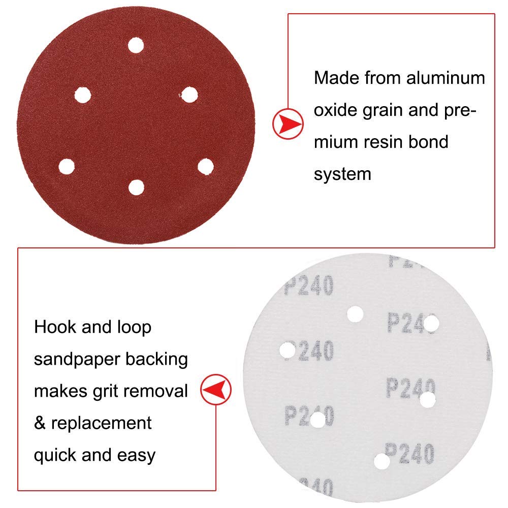 BRAND, CATEGORY, HIFROM, HOOK & LOOP DISCS, HIFROM 5-Inch/125mm Hook and Loop Backing Pad M14 Drill Adapter,50 Pieces 6 Holes 800 Grit Sandpaper Assortment Replacement for Random Orbital Sander Grinder Pads