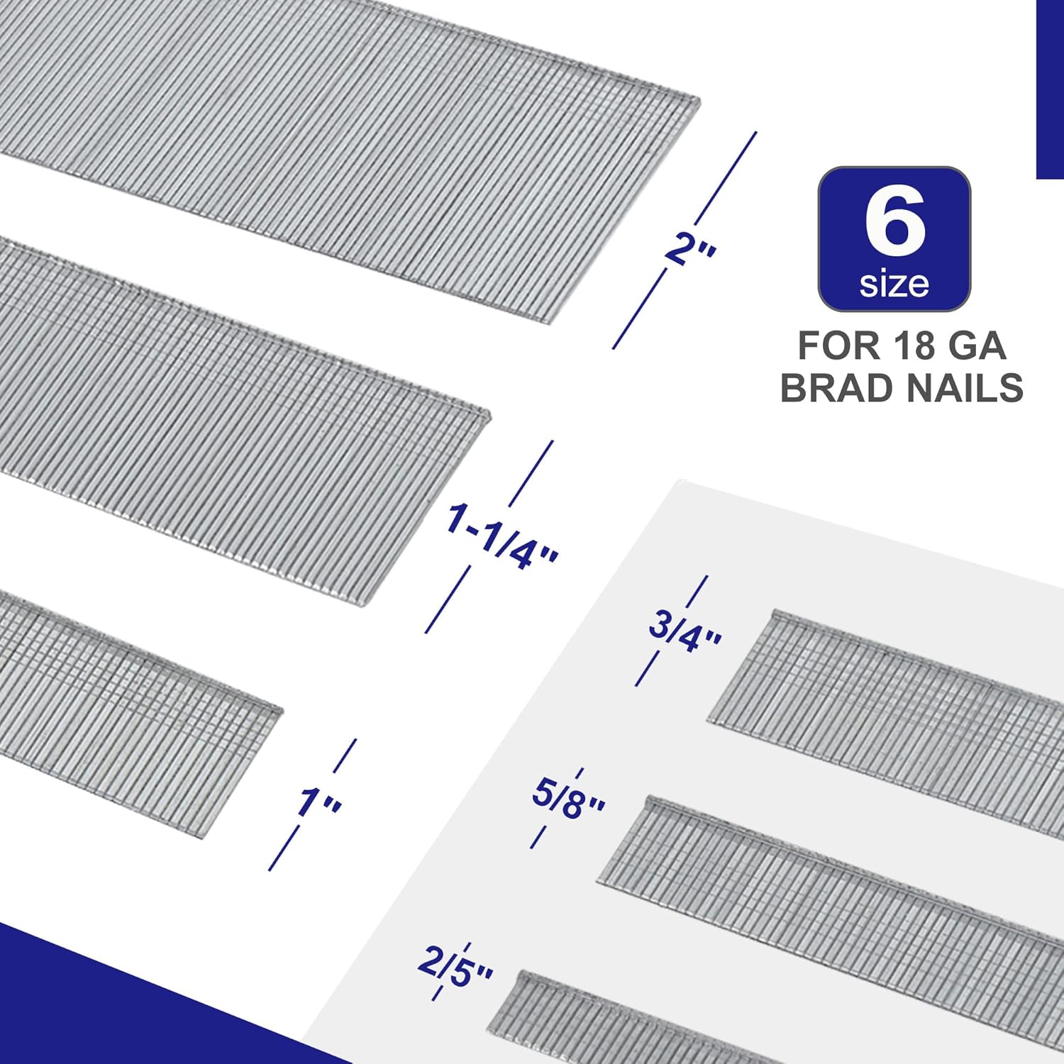 BRAD NAILS, BRAND, CATEGORY, HW HAMWOO, HW HAMWOO 18 Gauge Brad Nails (2",1-1/4",1",3/4",5/8",2/5 Inch),6000Pcs Galvanized 18GA Nail Gun Nails Assorted,Suitable for Most Brand of 18 Gauge Pneumatic and Electric Brad Nailer