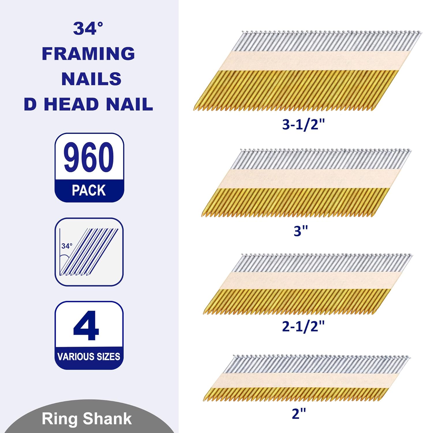 BRAND, CATEGORY, FRAMING NAILS, HW HAMWOO, HW HAMWOO 34°Framing Nails,D Head Nail Pack,960-Pack (2"- 240Pcs,2-1/2"- 240Pcs,3"- 240Pcs, 3-1/2"- 240Pcs),Hot Dipped Galvanized Paper Tape Strip Nails,Ring Shank,for 30 to 34 Degree Framing Nailer