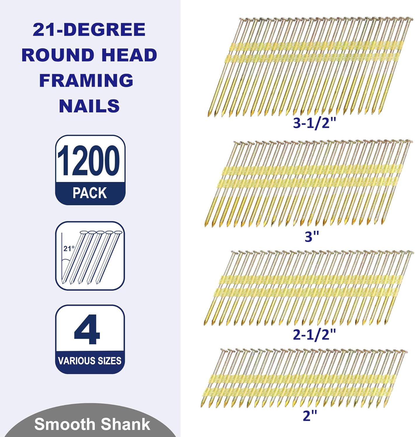 BRAND, CATEGORY, FRAMING NAILS, HW HAMWOO, HW HAMWOO Framing Nails,21°Round Head Nail Pack,1200-Pack (2"- 300Pcs,2-1/2"- 300Pcs,3"- 300Pcs, 3-1/2"- 300Pcs),Galvanized Nail,Smooth Shank