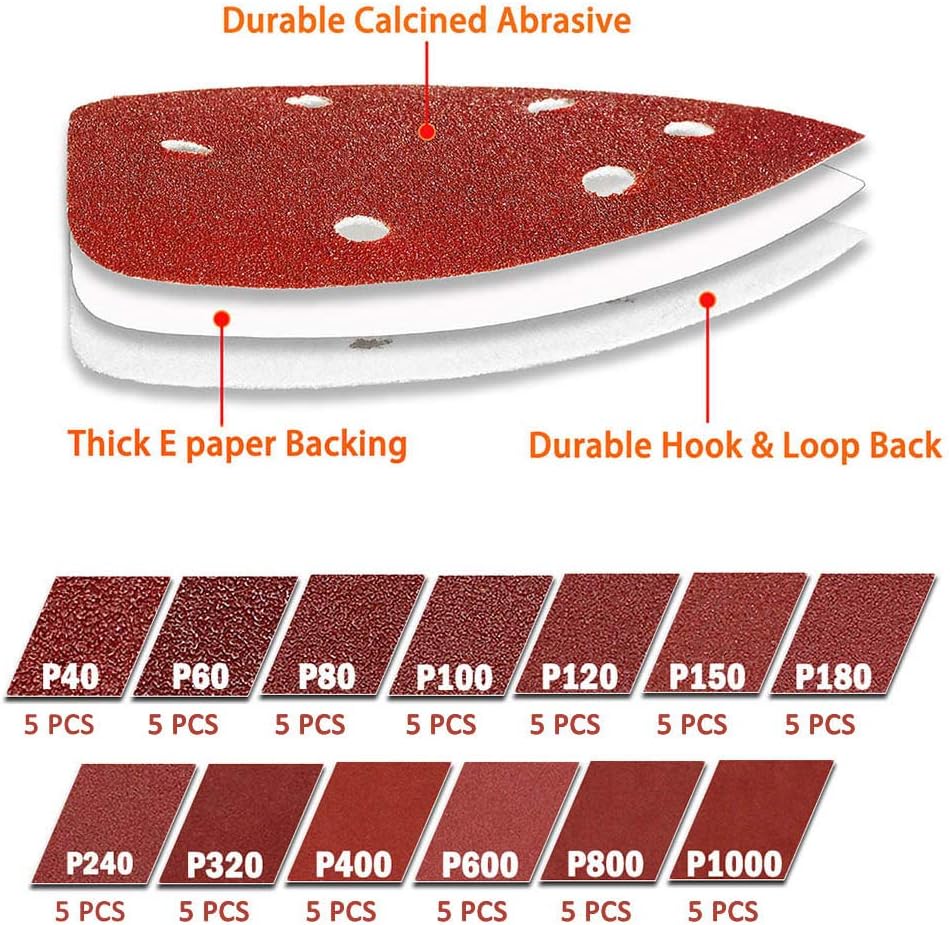 BRAND, CATEGORY, SANDING BLOCKS, SUBRILLI, Hand Detail Sander Hook and Loop Sanding Block with 65 Pieces 6 Hole Triangle Mouse Sandpaper for Wood Metal Home Decoration DIY Working