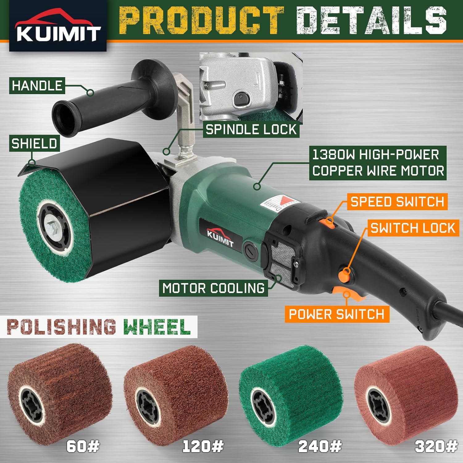 BRAND, CATEGORY, KUIMIT, POLISHERS & BUFFERS, Handheld Metal Burnishing Machine,Electric Sander Polisher for Wood Stainless Steel Polishing,Lock Switch,Auxiliary Handle