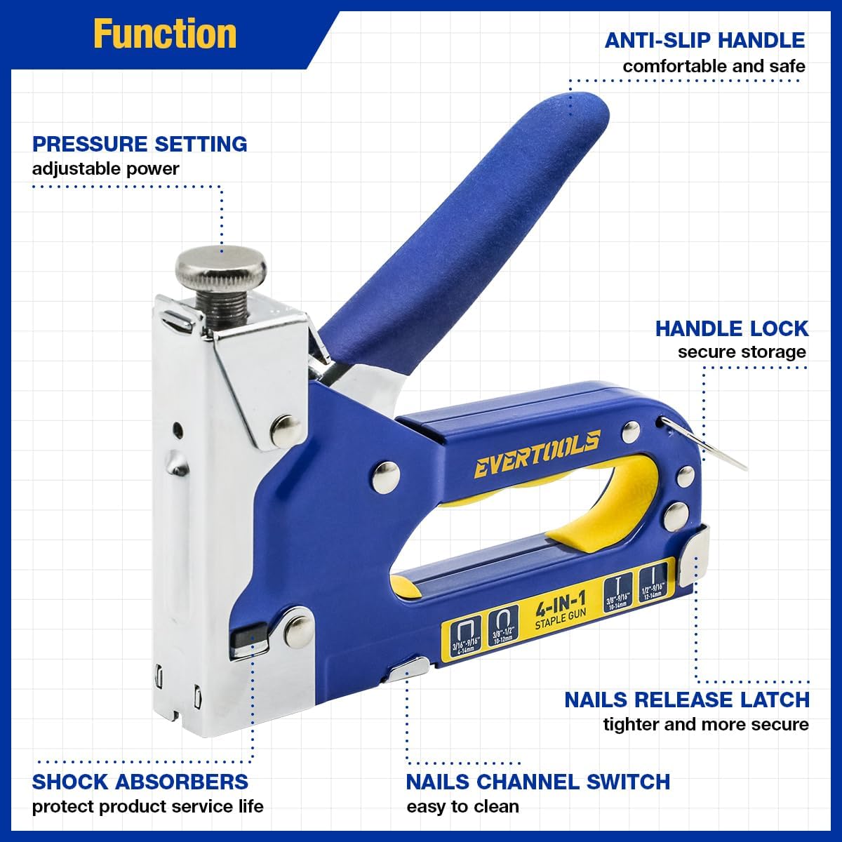 BRAND, CATEGORY, EVERTOOLS, STAPLERS & TACKERS, Heavy Duty 4-in-1 Staple Gun Kit, 6000pcs Staplers Manual Brad Nailer with 2800 Staples and 3200 Pin Brad Nails, for Upholstery, Material Repair, Decoration, Doors Carpentry & Home DIY