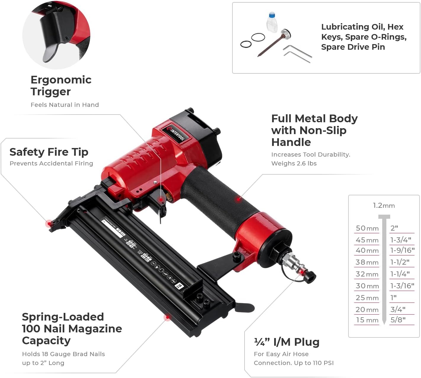 BRAD NAILERS, BRAND, CATEGORY, INTERTOOL, INTERTOOL Pneumatic Brad Nail Gun, 18 Gauge, Air Nailer for Carpentry, Woodwork, Upholstery, Trim Work, Metal Body with Case PT08-1603