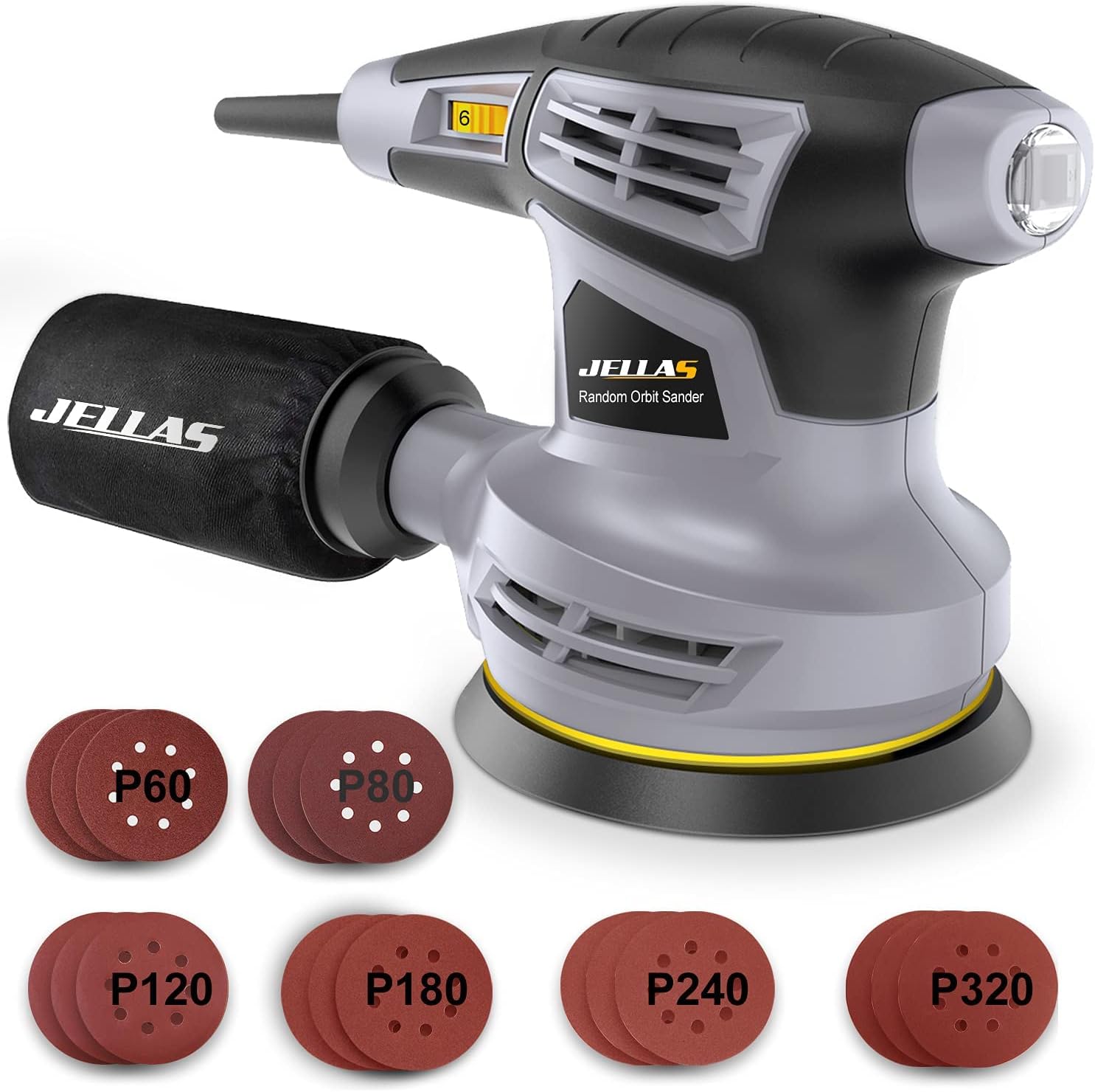 BRAND, CATEGORY, JELLAS, RANDOM-ORBIT SANDERS, Jellas 5-Inch Random Orbital Sander with 18Pcs Sandpapers, 13000RPM 6 Variable Speed Sander Machine, High Performance Dust Collection System for Woodworking, 2.5A, Dust Collection Bag Include - OS280