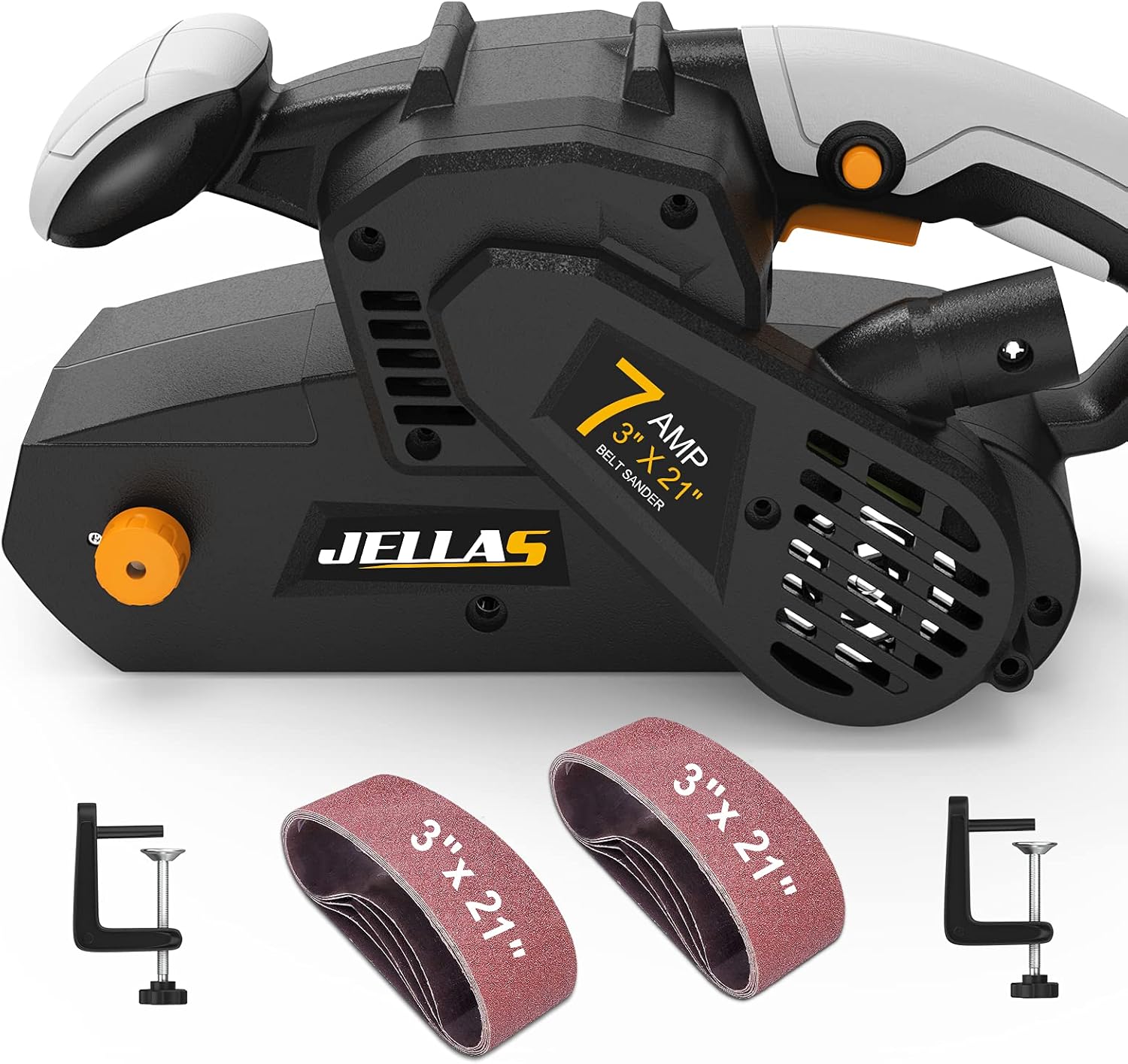 BELT SANDERS, BRAND, CATEGORY, JELLAS, Jellas 7Amp Belt Sander 3 × 21-Inch with Dust Bag, Bench Sander with Variable-speed Control, 2 in 1 Vacuum Adapter, 10 Feet (3 Meters) Length Power Cord - BS750