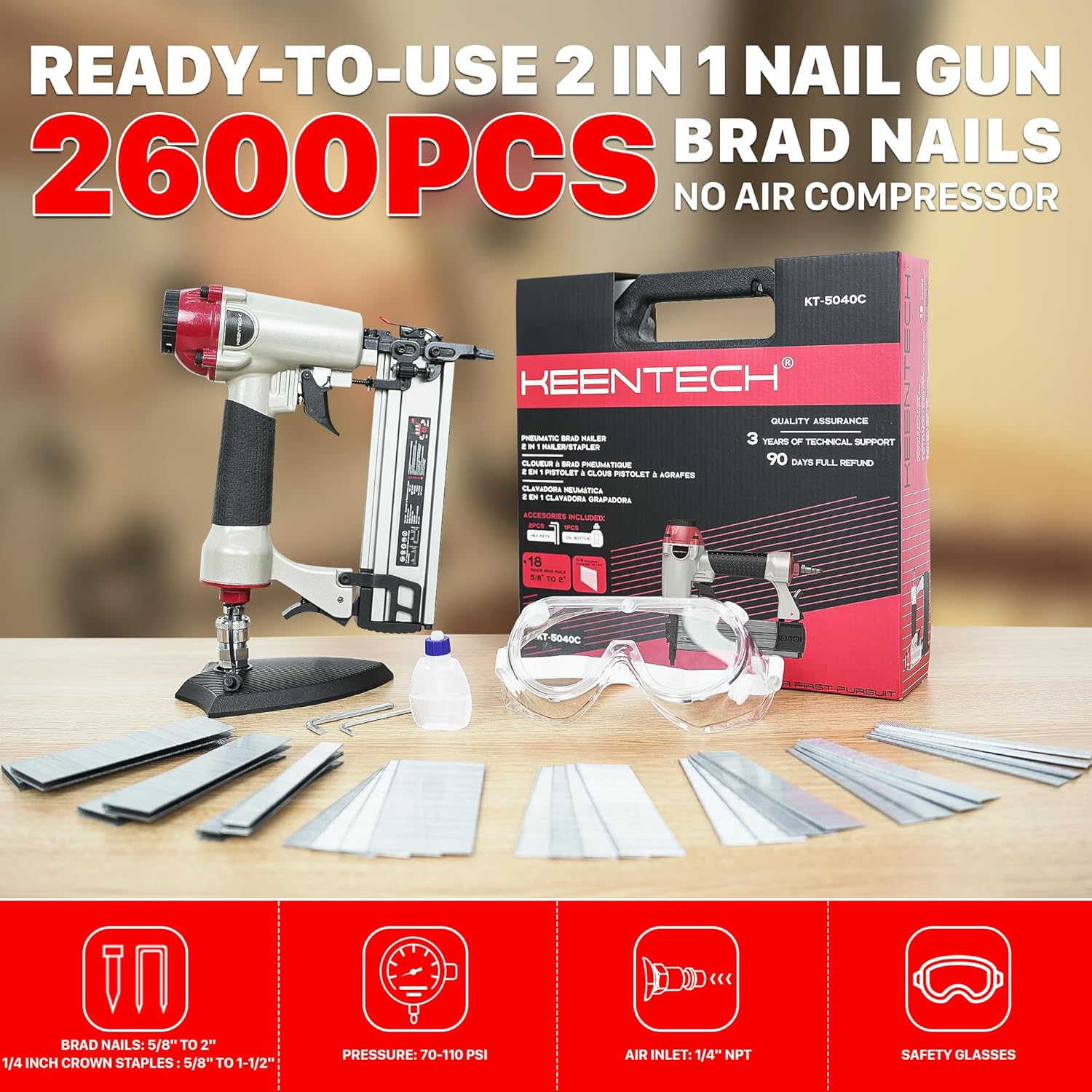 BRAD NAILERS, BRAND, CATEGORY, KEENTECH, KEENTECH 2 in 1 Pneumatic Brad Nailer 18 Gauge, Nail Penetration Adjustment, Industrial Air Nail Gun for Heavy Duty & Long Duration Projects, Ready-to-use Tool Set with 2600pcs 5/8" to 2" Nails