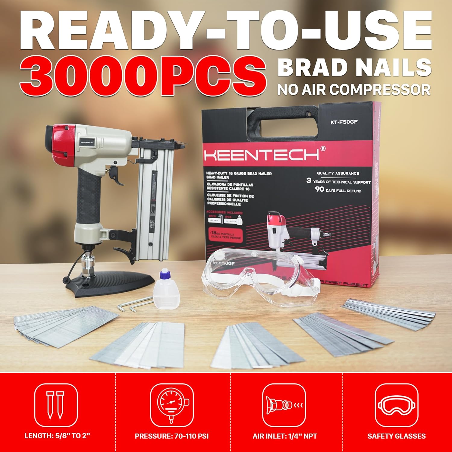 BRAD NAILERS, BRAND, CATEGORY, KEENTECH, KEENTECH Pneumatic Brad Nailer 18 Gauge, Commercial Air Nail Gun for Heavy Duty & Long Duration Project, Low Jamming Rate Open Nose for Easy Removal, Ready-to-Use Tool Set with 3000pcs 5/8"-2" Nails