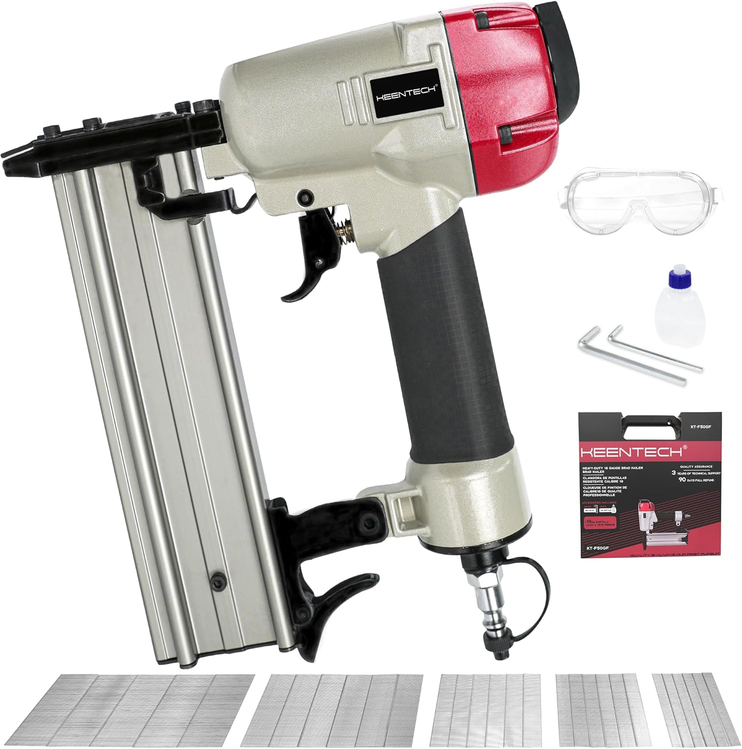 BRAD NAILERS, BRAND, CATEGORY, KEENTECH, KEENTECH Pneumatic Brad Nailer 18 Gauge, Commercial Air Nail Gun for Heavy Duty & Long Duration Project, Low Jamming Rate Open Nose for Easy Removal, Ready-to-Use Tool Set with 3000pcs 5/8"-2" Nails