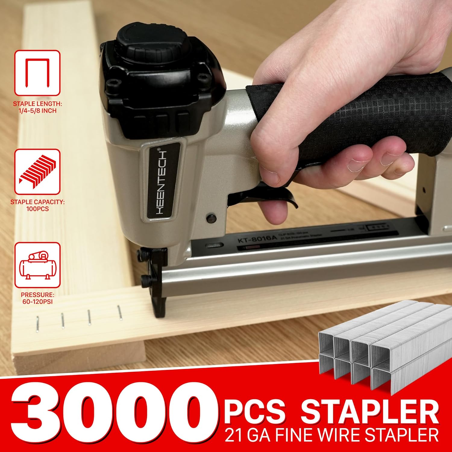 BRAND, CATEGORY, KEENTECH, UPHOLSTERY STAPLERS, KEENTECH Pneumatic Staple Gun 21 Gauge, Air Upholstery Stapler with 3000pcs 1/2" Crown Staples 1/4"-5/8", Ready-to-Use Pneumatic Nail Gun Tool Set with Safety Trigger for Wood Furniture Fabric Leather