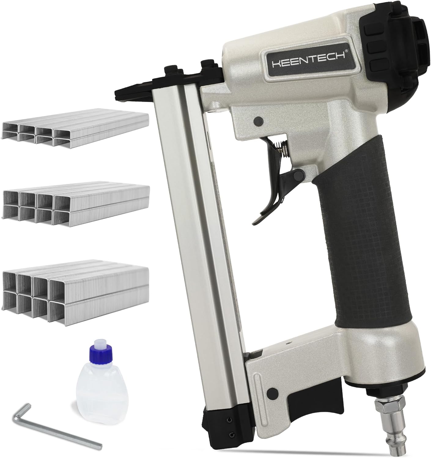 BRAND, CATEGORY, KEENTECH, UPHOLSTERY STAPLERS, KEENTECH Pneumatic Staple Gun 21 Gauge, Air Upholstery Stapler with 3000pcs 1/2" Crown Staples 1/4"-5/8", Ready-to-Use Pneumatic Nail Gun Tool Set with Safety Trigger for Wood Furniture Fabric Leather