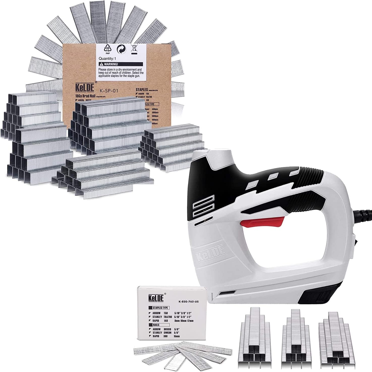 BRAND, CATEGORY, KELDE, STAPLERS & TACKERS, KeLDE Electric Staple Gun Kit Includes 900pc T50 Staples and 300pc 15mm Brad Nails | 5000 Piece Heavy Duty Staple Kit