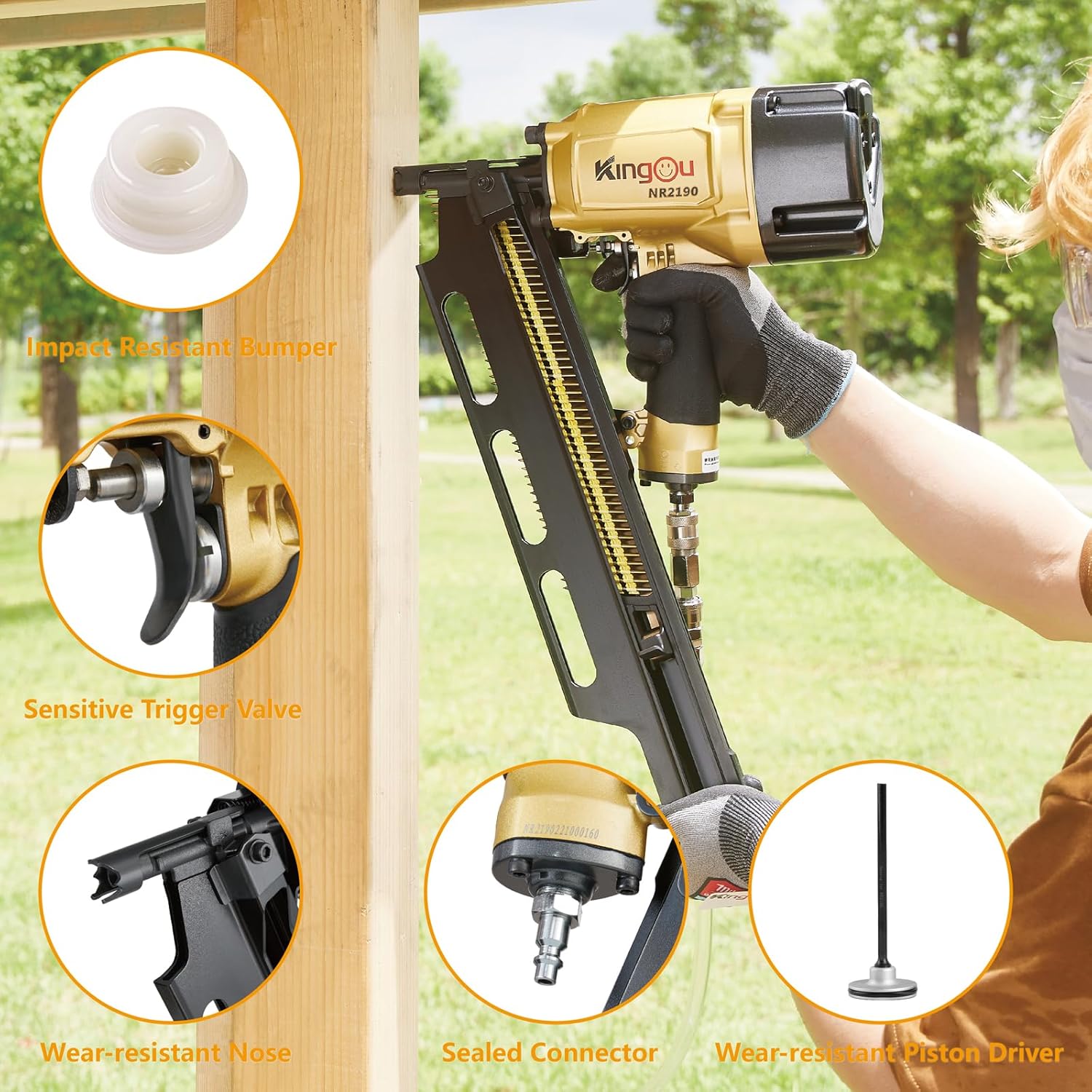 BRAND, CATEGORY, FRAMING NAILERS, KINGOU, KingOu NR2190 21 Degree Plastic Strip Framing Nailer Aluminum Magazine With 200 Nails（ Covers The Functions Of NR2183 Framing Nailer) Can Use 3.5 Inch Length Nails