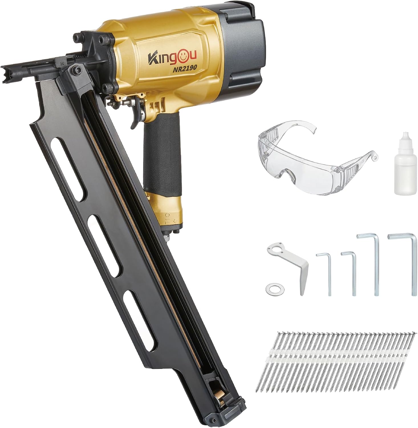 BRAND, CATEGORY, FRAMING NAILERS, KINGOU, KingOu NR2190 21 Degree Plastic Strip Framing Nailer Aluminum Magazine With 200 Nails（ Covers The Functions Of NR2183 Framing Nailer) Can Use 3.5 Inch Length Nails