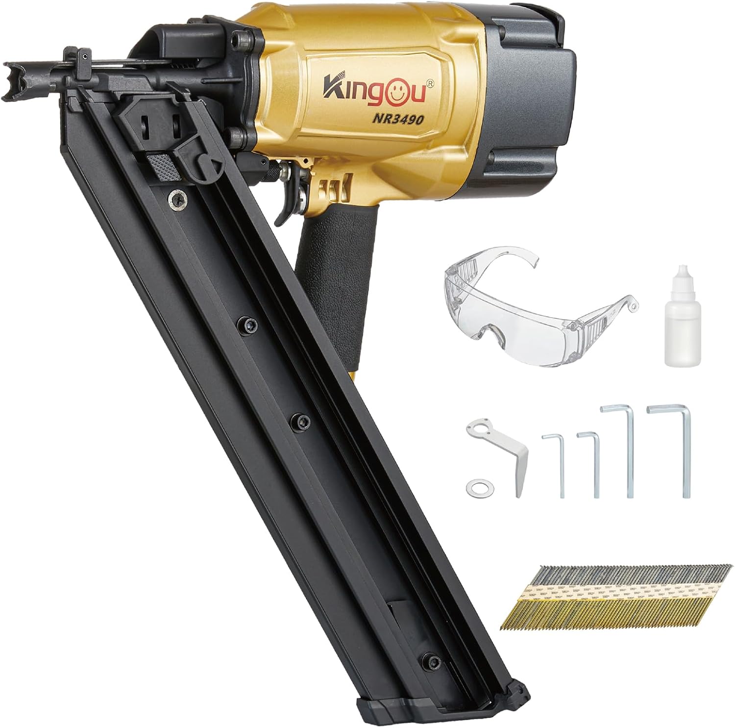 BRAND, CATEGORY, FRAMING NAILERS, KINGOU, KingOu NR3490 34 Degree 3-1/2" Clipped Head Framing Nailer Aluminum Magazine With 200 nails