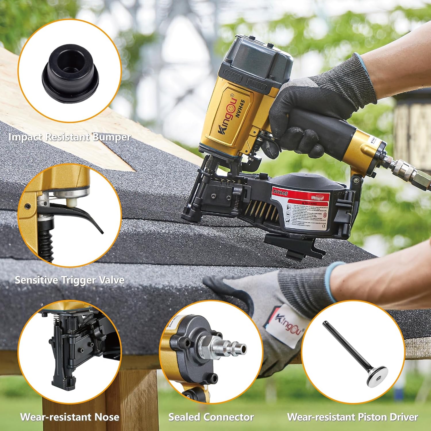 BRAND, CATEGORY, KINGOU, ROOFING NAILERS, Kingou NVH45 Roofing Nailer Gun For Roofing Constructions Accepts 7/8-Inch to 1-3/4-Inch Nails 15 Degree With 3/8 NPT Air Connector 120-pcs Load Capacity Roofing Nailer