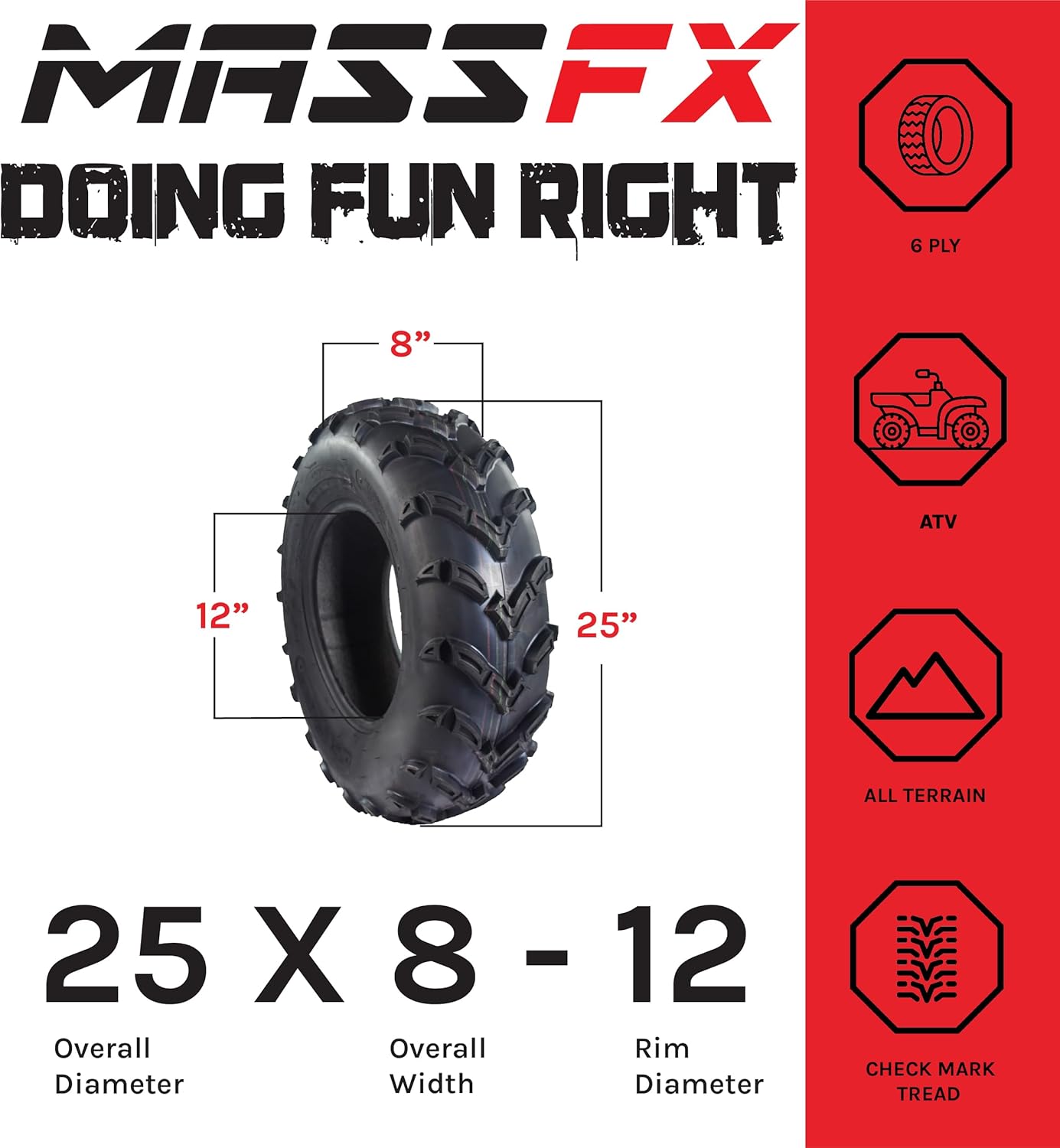 BRAND, CATEGORY, MASSFX, TRAIL, MASSFX P377 ATV/UTV Front Tires 25x8-12 - Set of 2 (25x8x12) 2 Pack