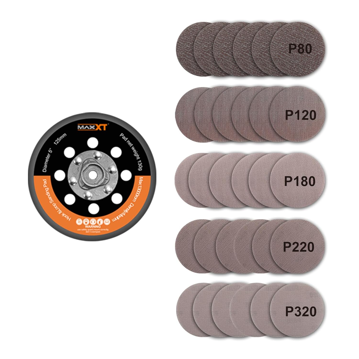 BRAND, CATEGORY, MAXXT, SANDING SHEETS, MAXXT 5" Hook & Loop DA Sander Backing Plate Pad 30 Sandpaper, Dual-Action Random Orbital Sanding Pad - Low Profile Edge, Medium Density - for MAXXT Brushless Orbit Sander R7303