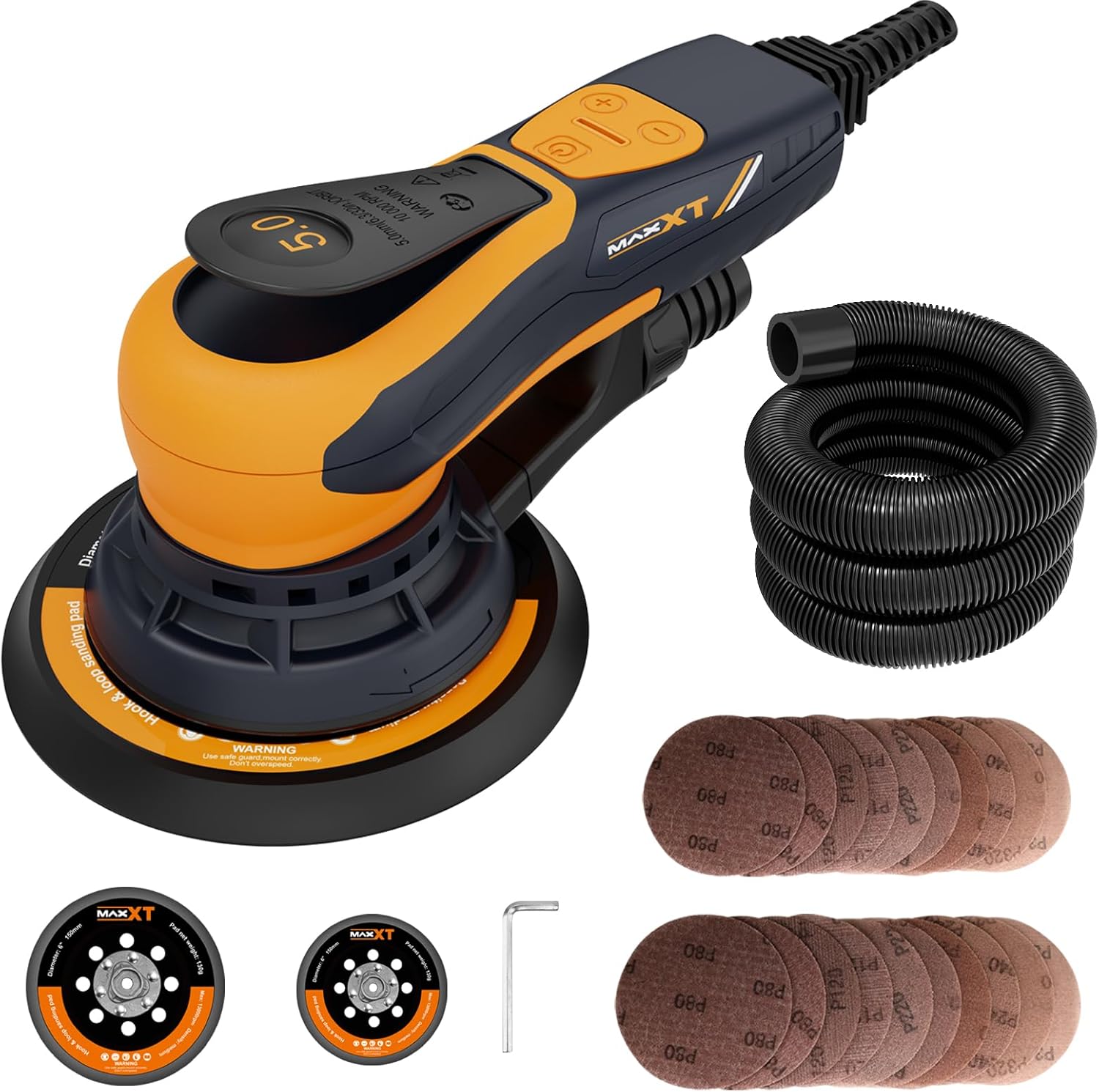 BRAND, CATEGORY, MAXXT, RANDOM-ORBIT SANDERS, MAXXT Electric 5mm Random Orbital Sander, Palm Sander with Brushless Motor, 5&6Inch Sanding Pads, Central Vacuum, Sanders for Woodworking, Primary Wood and Panel Processing(Orange)