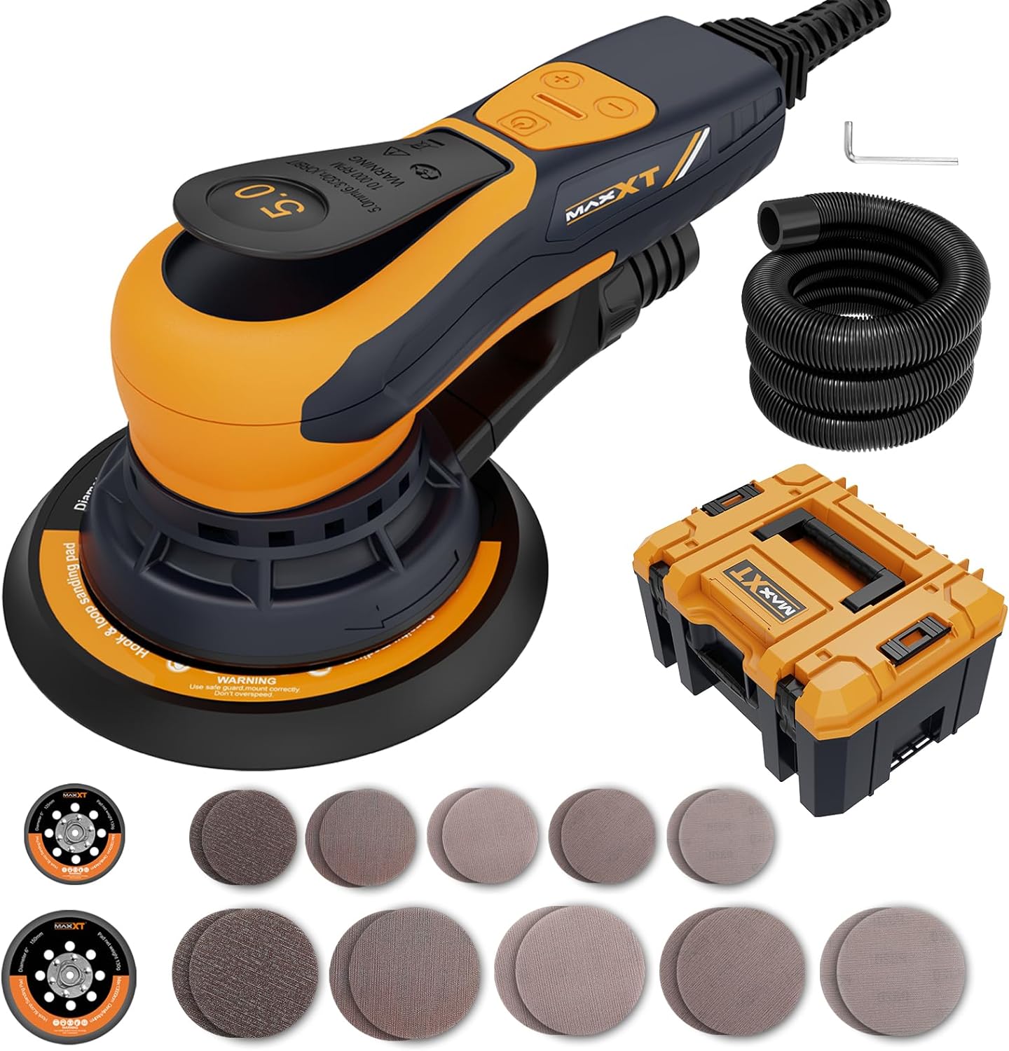 BRAND, CATEGORY, MAXXT, RANDOM-ORBIT SANDERS, MAXXT Electric 5mm Random Orbital Sander with Tool Case, Palm Sander with Brushless Motor, 5&6Inch Sanding Pads, Central Vacuum, Sanders for Woodworking, Primary Wood and Panel Processing