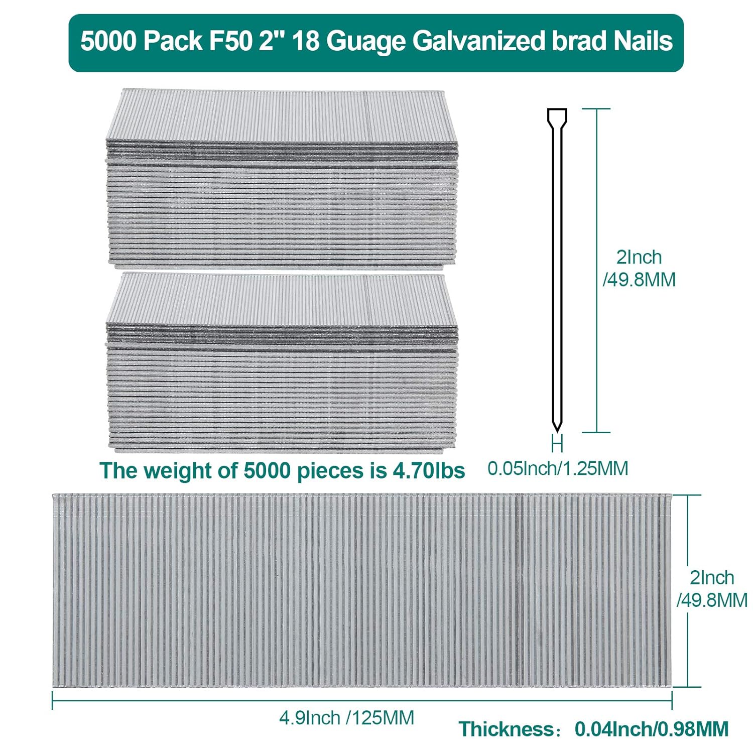 BRAD NAILS, BRAND, CATEGORY, MIVIDE, MIVIDE 5000 Pack 18 Gauge Brad Nails 2inch, Galvanized Brad Nails Heavy Duty for Nail Gun, 18 Gauge Straight Pin Nailers, Pneumatic Staple Guns