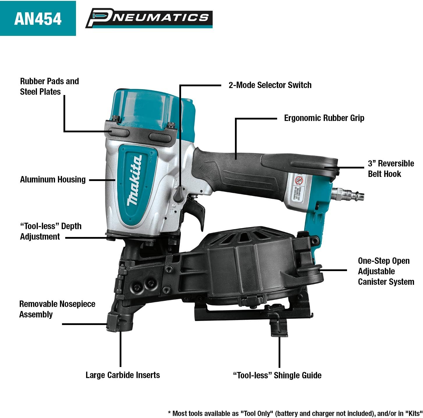 BRAND, CATEGORY, MAKITA, ROOFING NAILERS, Makita AN454 1-3/4" Coil Roofing Nailer