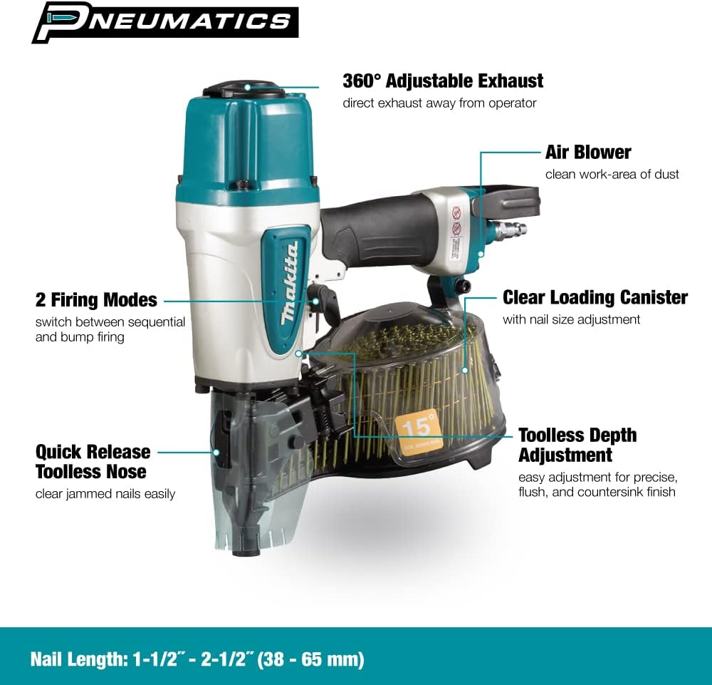 BRAND, CATEGORY, FINISH NAILERS, MAKITA, Makita AN613 Pneumatic 15° 2-1/2" Siding Coil Nailer