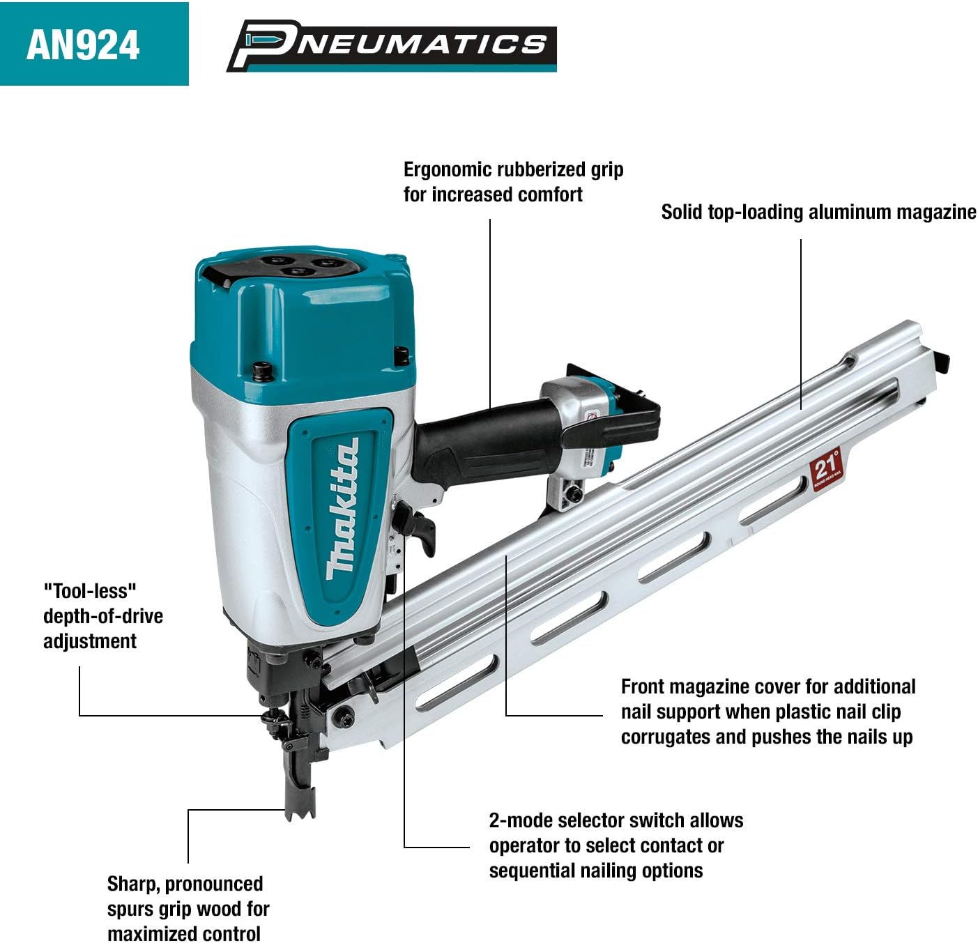 BRAND, CATEGORY, FRAMING NAILERS, MAKITA, Makita AN924 21º Full Round Head 3-1/2" Framing Nailer