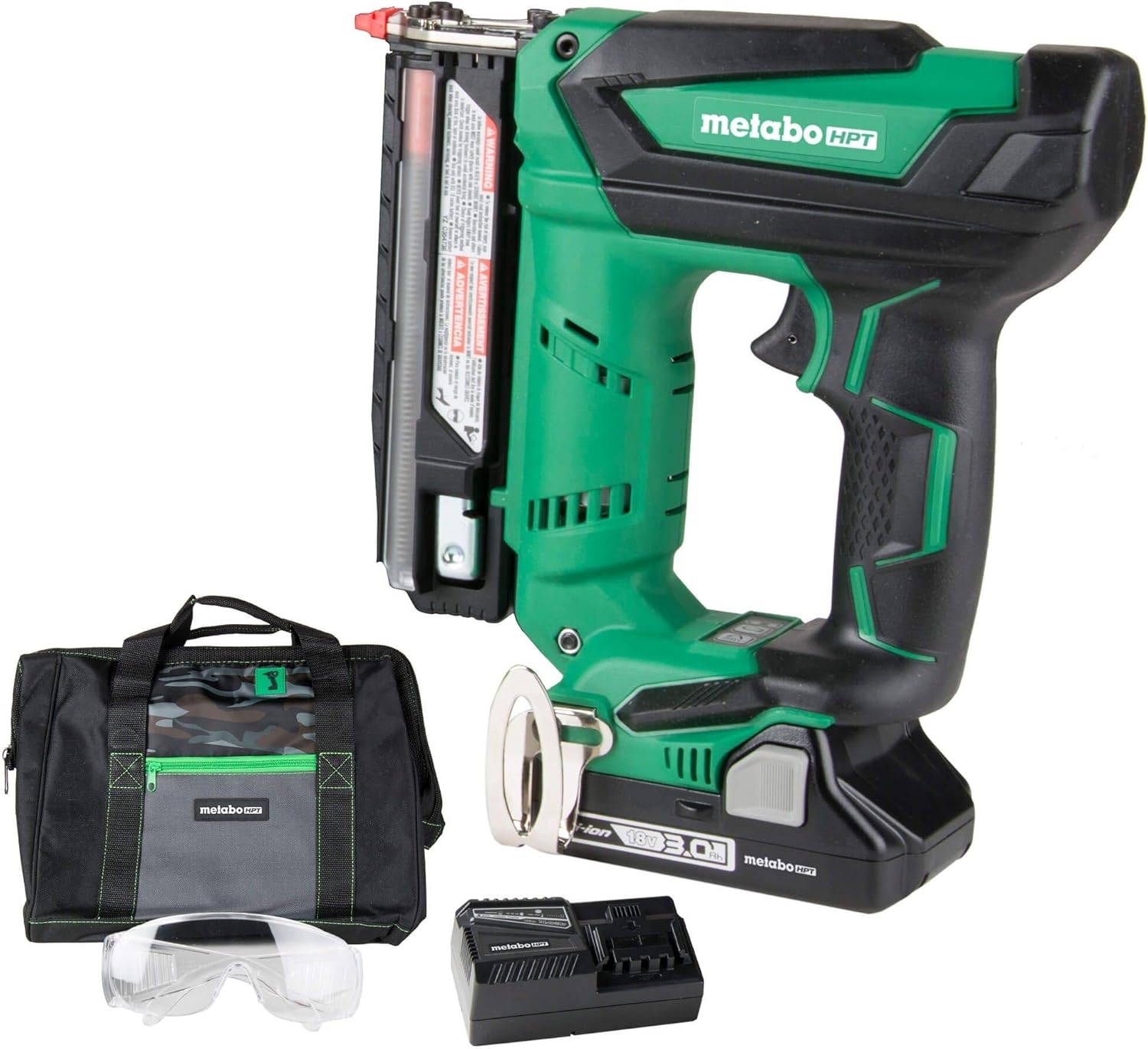 BRAND, CATEGORY, METABO HPT, PINNERS, Metabo HPT Cordless Pin Nailer Kit, 18V, 23 Gauge, 5/8" up to 1-3/8" Pin Nails, 3000 Nails Per Charge, Compact 3.0 Ah Lithium Ion Battery, Lifetime Tool Warranty (NP18DSAL), Green