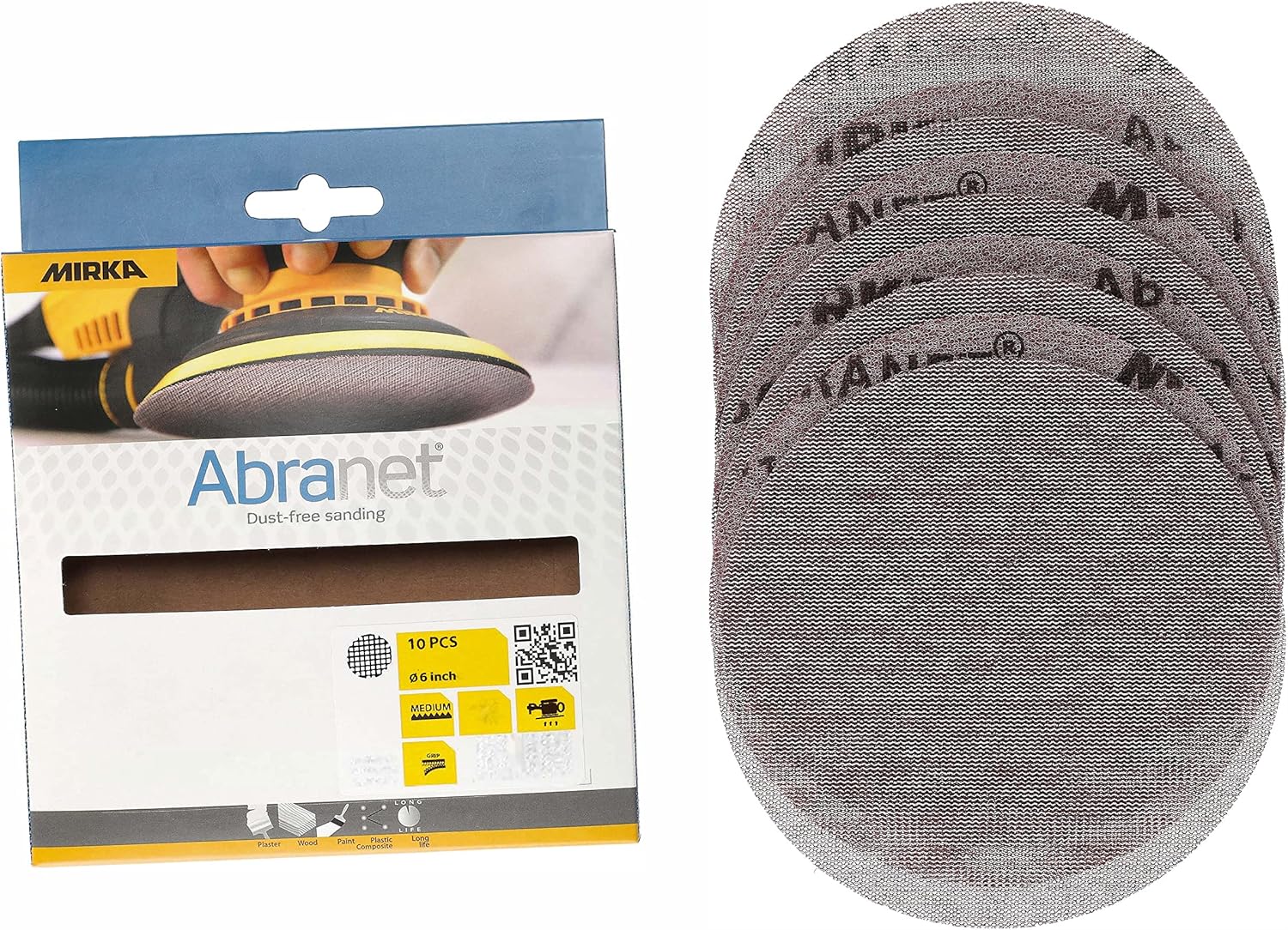 BRAND, CATEGORY, HOOK & LOOP DISCS, MIRKA, Mirka Abranet Net Disc / 6 inch/Grit 400 / Sandpaper sanding discs Hook and Loop / 10 pcs / ‎9A-241-400RP