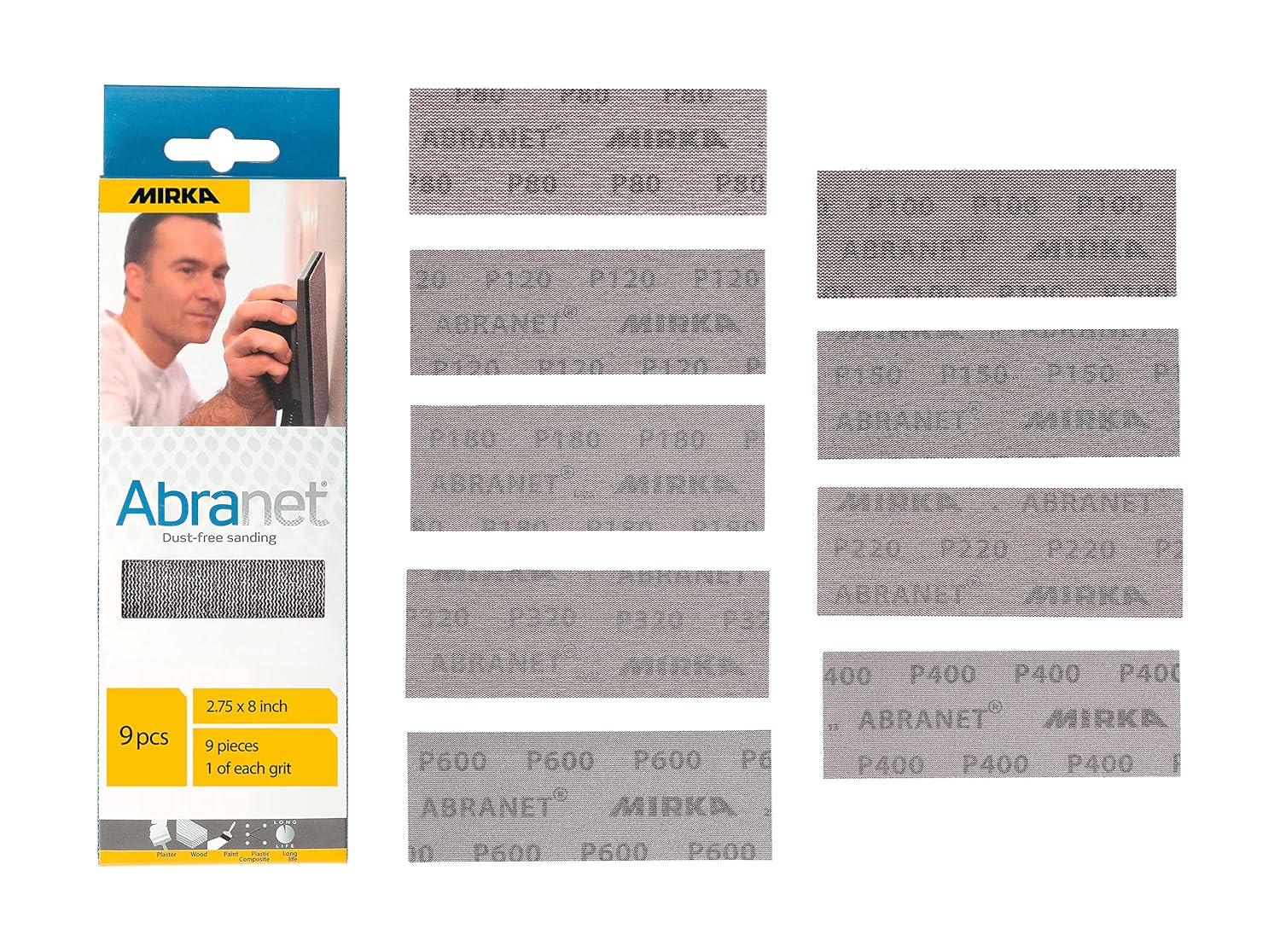 BRAND, CATEGORY, MIRKA, SANDING SHEETS, Mirka Abranet Net Sheets / 2 3/4 x 8 inch/Grit 120 / sandpaper sanding Sheet Hook and Loop / 10 pcs / ‎9A-150-120RP