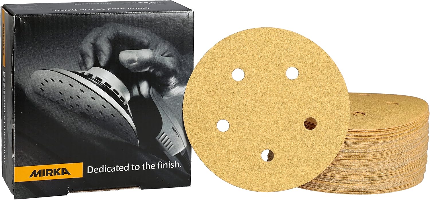 BRAND, CATEGORY, HOOK & LOOP DISCS, MIRKA, Mirka Gold 5 inch Sandpaper Discs / 5-Hole / 280-Grit / 50-Pack/Dustless Hook and Loop Sanding/for Orbital Sander, Sand Paper Pads for Wood, Composites, Automotive / 23-614-280