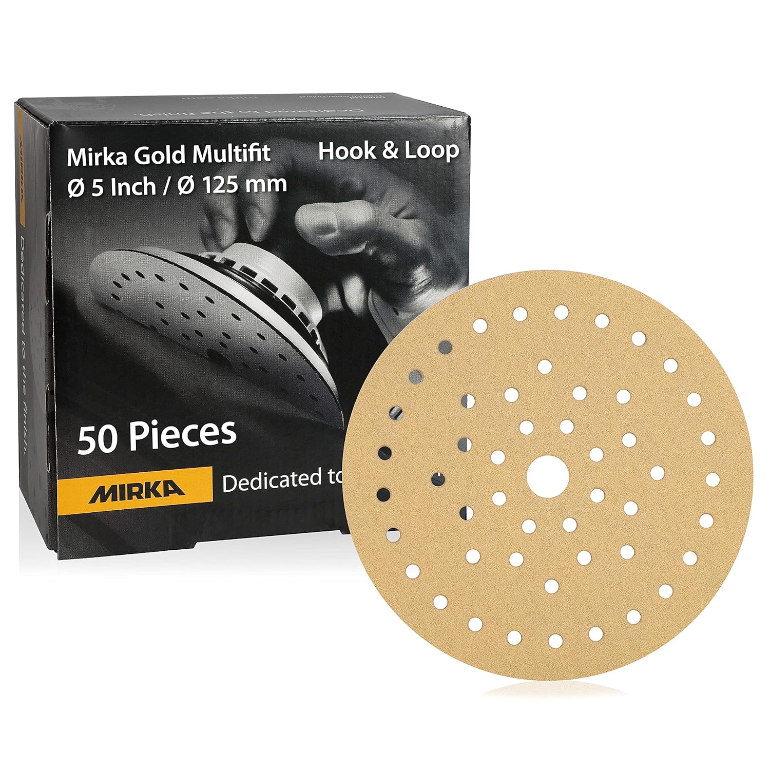 BRAND, CATEGORY, HOOK & LOOP DISCS, MIRKA, Mirka Gold Multifit 5'' Sandpaper Grit 400 Hook and Loop, 50 Pack 5 inch Sanding Discs for Orbital Sander, Sand Paper Pads for Wood, Drywall, Metal