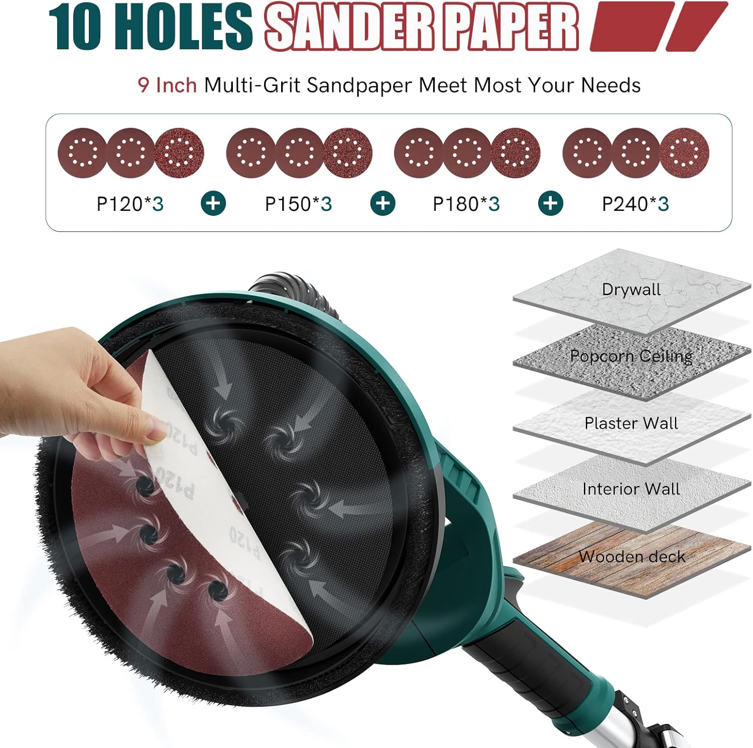 BRAND, CATEGORY, DISC SANDERS, NEU MASTER, NEU MASTER Drywall Sander, Electric Drywall Sander Variable Speed Pole Sander with Vacuum, 900-1800RPM Foldable Ceiling Sander with 12 Sanding Discs, LED Light, Extendable Handle, Dust Bag and Hose