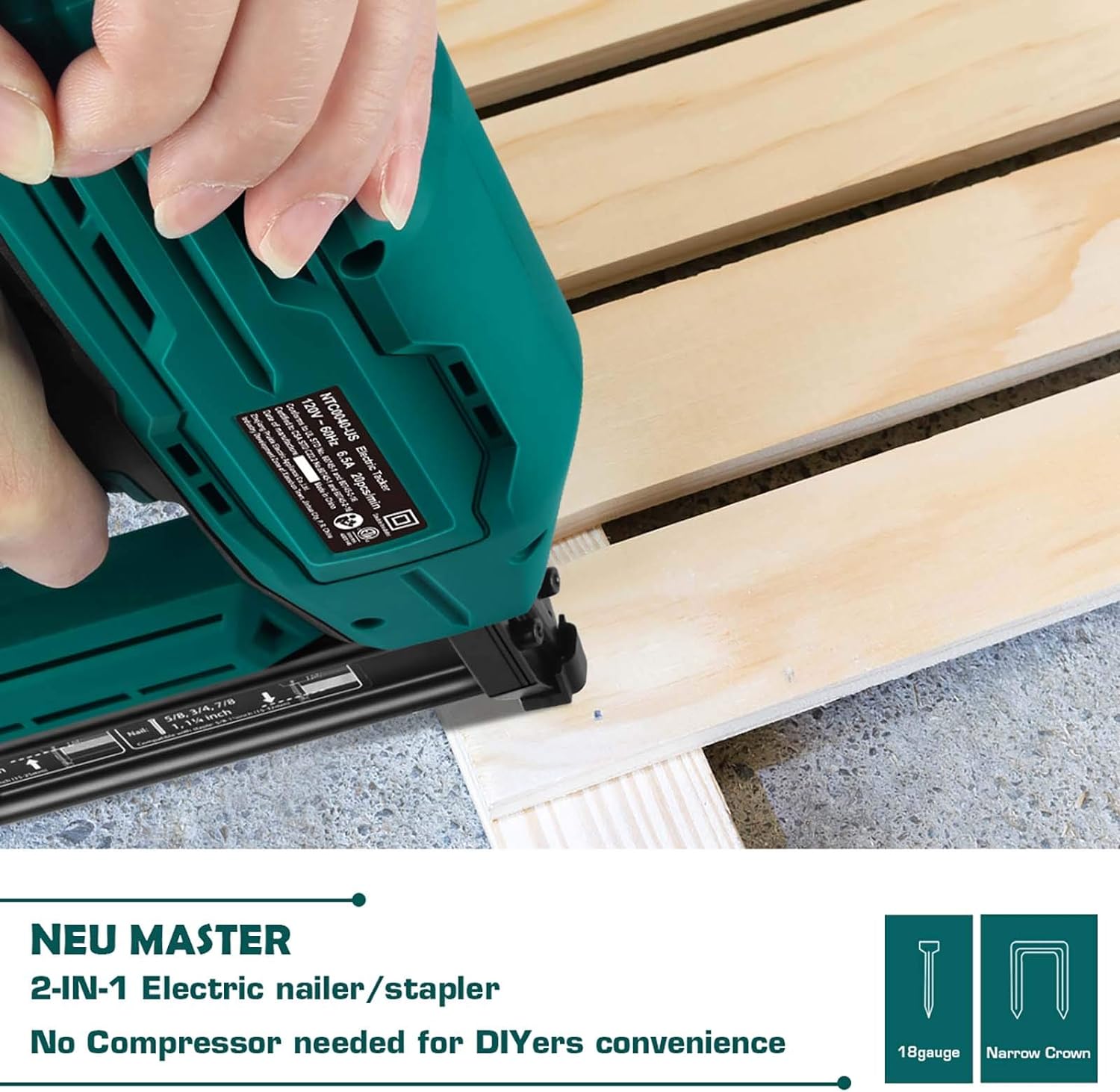 BRAD NAILERS, BRAND, CATEGORY, NEU MASTER, NEU MASTER Electric Brad Nailer, NTC0040 Electric Nail Gun/Staple Gun for Upholstery, Carpentry and Woodworking Projects, 1/4'' Narrow Crown Staples 200pcs and Nails 800pcs Included