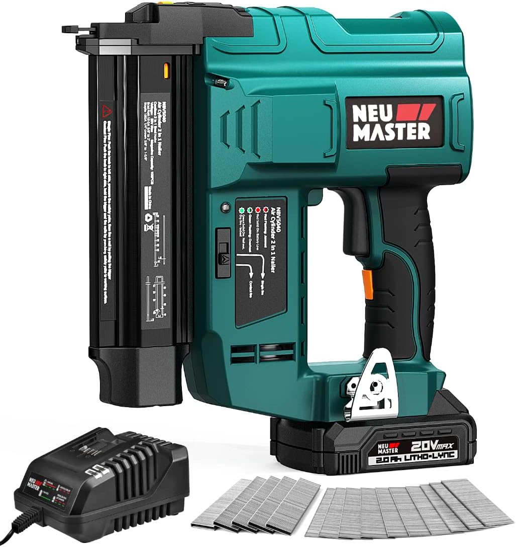 BRAD NAILERS, BRAND, CATEGORY, NEU MASTER, NEU MASTER Nail Gun Battery Powered, 18 Gauge 2 in 1 Cordless Brad Nailer/Staple Gun with 2.0Ah Li-ion Battery, 1000pcs Nails and 500pcs Staples Included, for Home Improvement, Woodworking