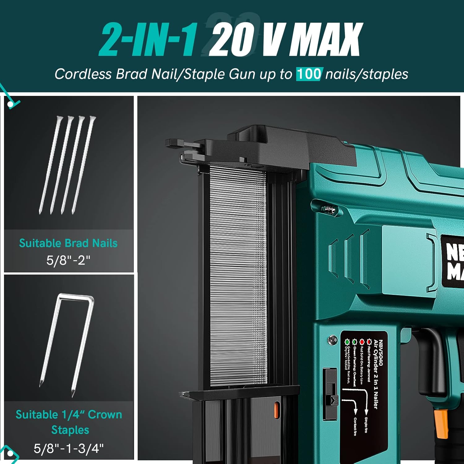 BRAD NAILERS, BRAND, CATEGORY, NEU MASTER, NEU MASTER Nail Gun Battery Powered, 18 Gauge 2 in 1 Cordless Brad Nailer/Staple Gun with 2.0Ah Li-ion Battery, 1000pcs Nails and 500pcs Staples Included, for Home Improvement, Woodworking