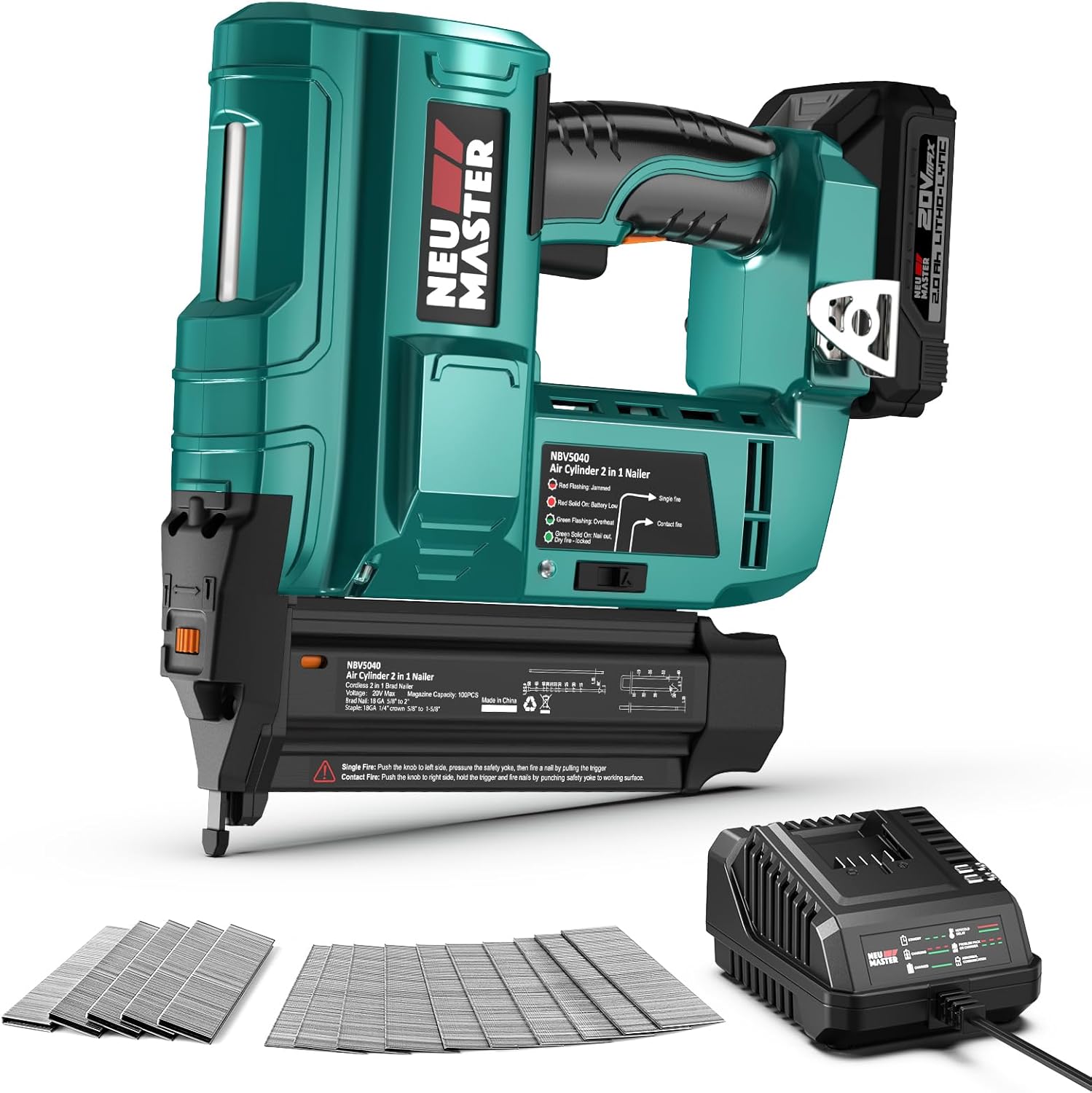 BRAD NAILERS, BRAND, CATEGORY, NEU MASTER, NEU MASTER Nail Gun Battery Powered, 18 Gauge 2 in 1 Cordless Brad Nailer/Staple Gun with 2.0Ah Li-ion Battery, 1000pcs Nails and 500pcs Staples Included, for Home Improvement, Woodworking