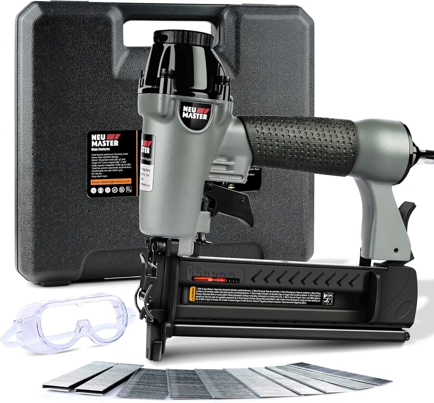 BRAD NAILERS, BRAND, CATEGORY, NEU MASTER, NEU MASTER Pneumatic Brad Nailer, 2 in 1 Nail Gun Staple Gun Fires 18 Gauge 2 Inch Brad Nails and Crown 1-5/8 inch Staples with Carrying Case and Safety Glasses